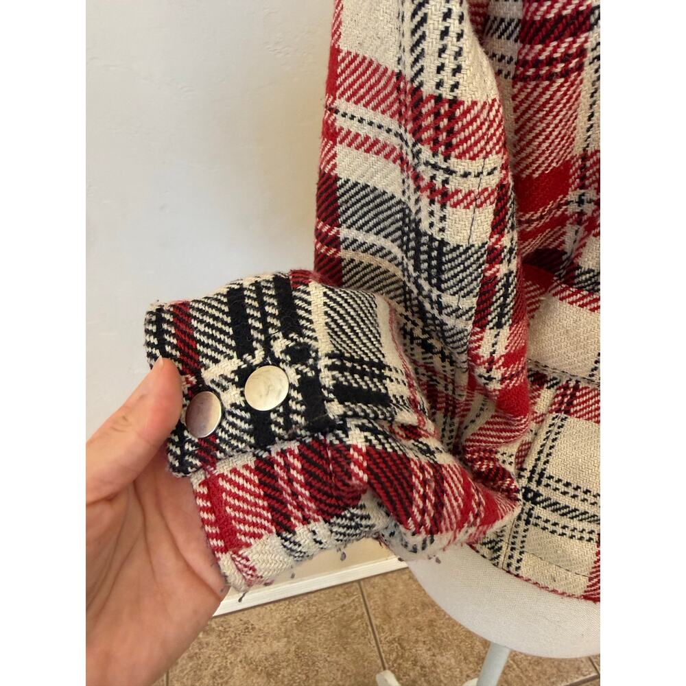 Plaid Moto Jacket Red Black Cream Belted Wool Blend Cato Small Zip Front Lined - Picture 8 of 12